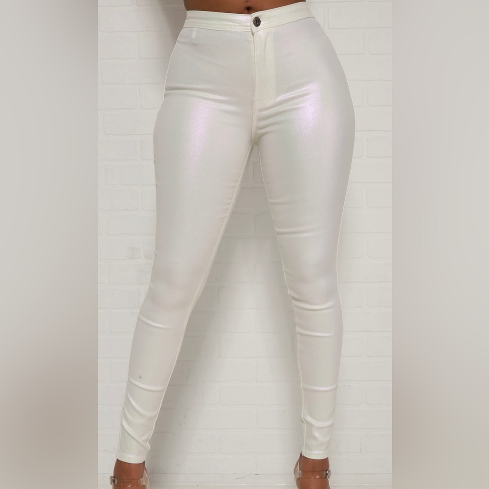 Cream Metallic Coated High Rise Skinny Pants